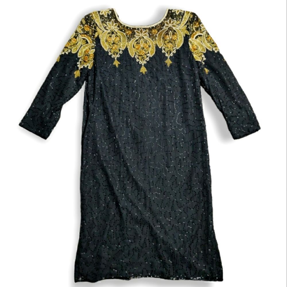 VTG Carolyne Barton Night pure silk Black Gold beaded 3/4 sleeve dress size M